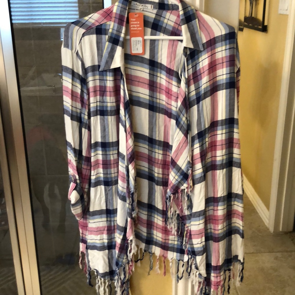 Plaid Fringe Open Front Top